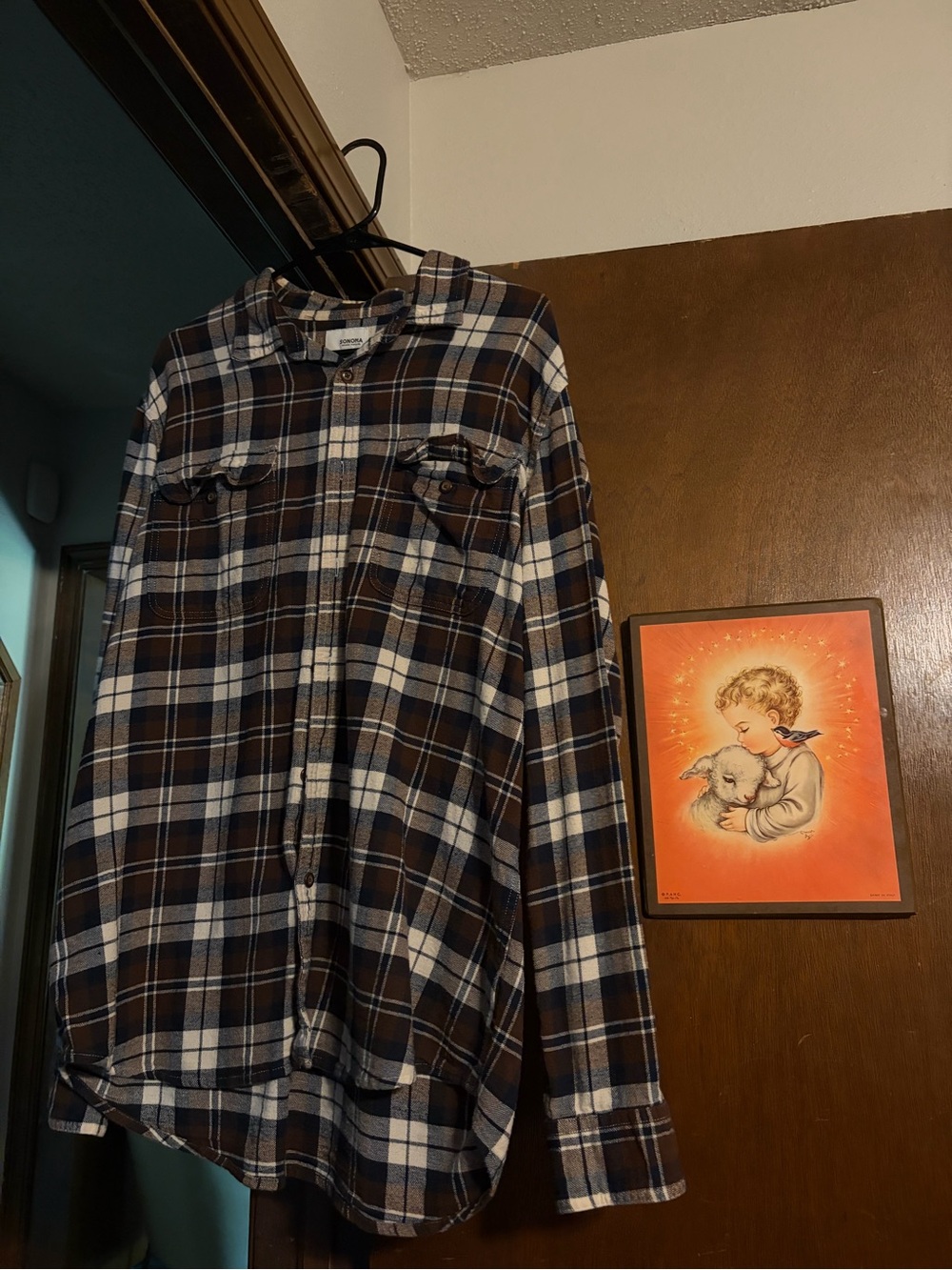 Men's Brown and White Plaid Flannel Shirt-SONOMA - XL